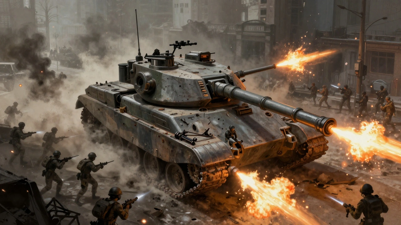Футуристический танк отстреливает пехоту в ближнем бою в разрушенном городе