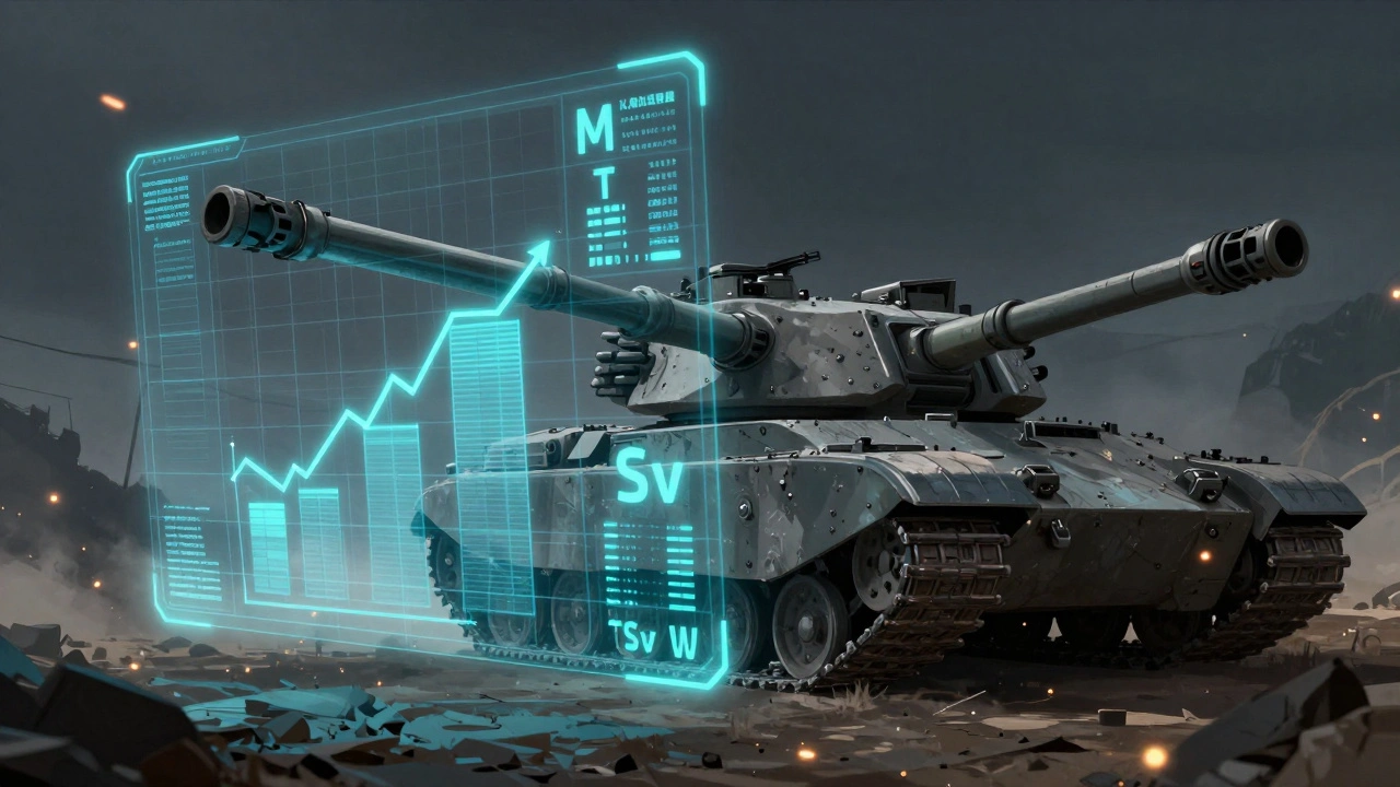 Голографические характеристики оружия перед массивным футуристичным танком