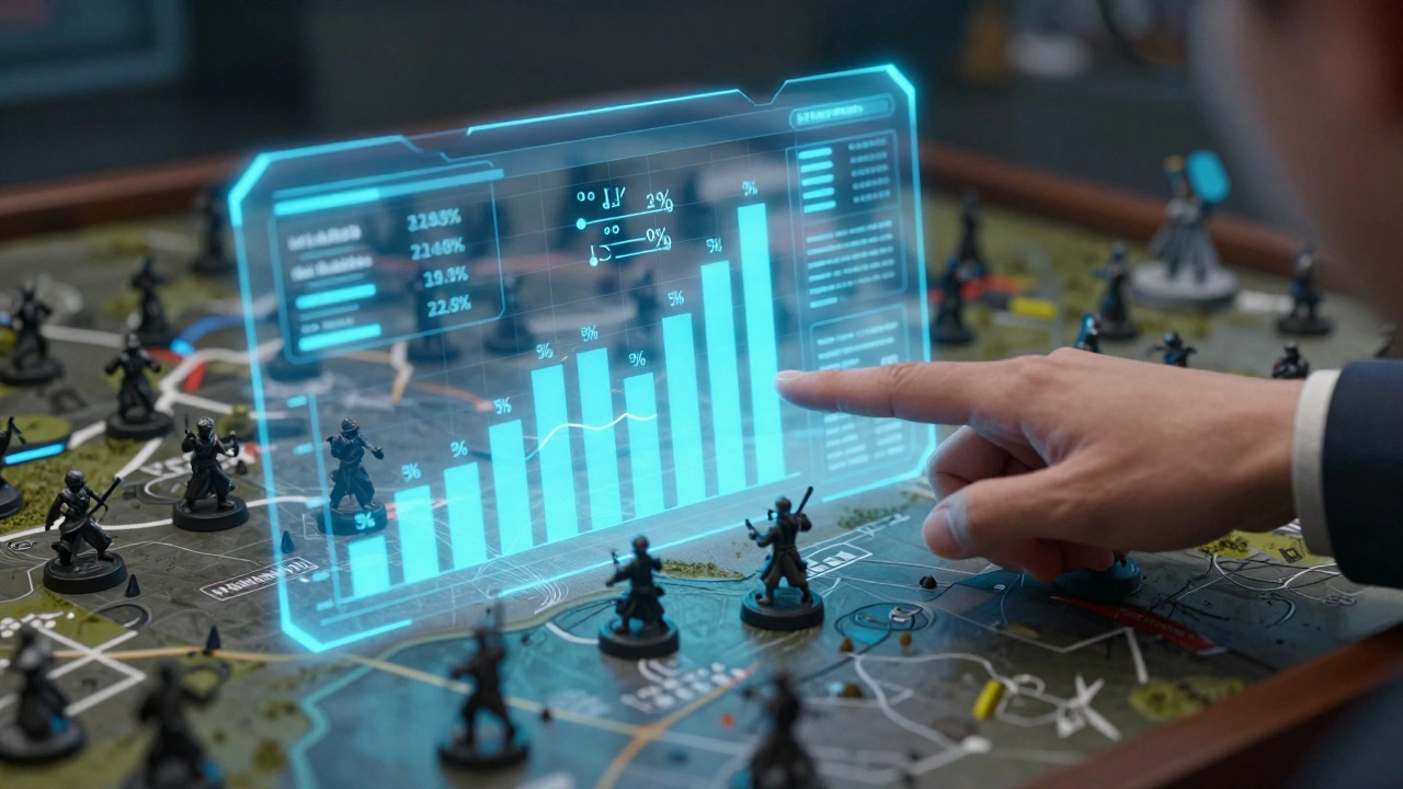 Голографический интерфейс со статистикой винрейтов над полем битвы