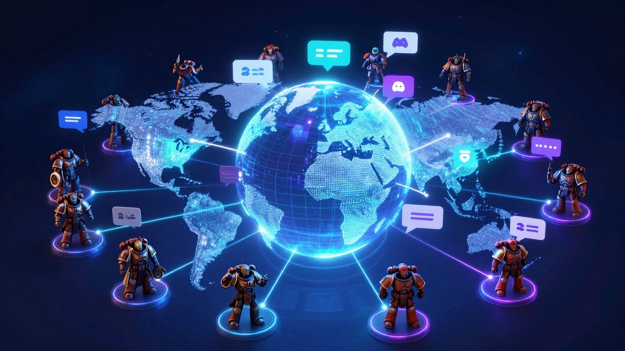 Голограмма земного шара с иконками уведомлений и армиями Warhammer 40K