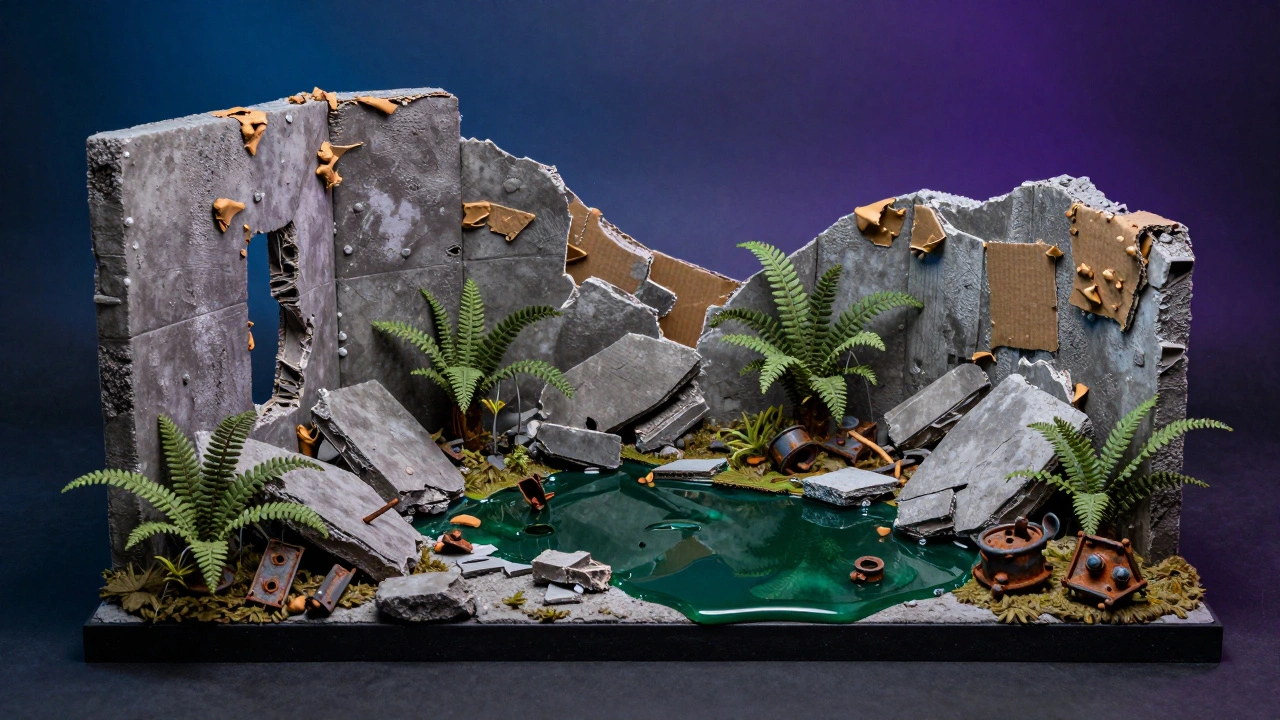 Готовая детальная диорама с руинами города, смоляным болотом и миниатюрной растительностью