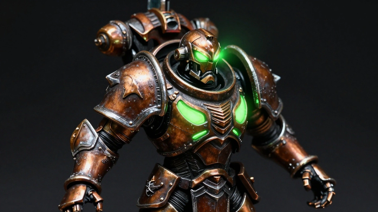 Готовая миниатюра Некрона с бронзовой броней и зеленым свечением глаз