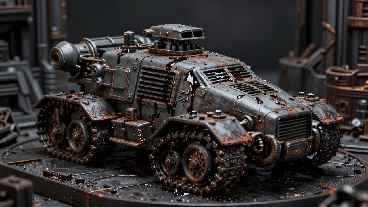 Готовая модель танка Warhammer 40K с реалистичными эффектами масляных потеков и ржавчины