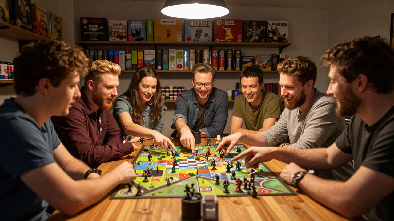 Группа игроков обсуждает стратегию за игровым столом в хобби-клубе