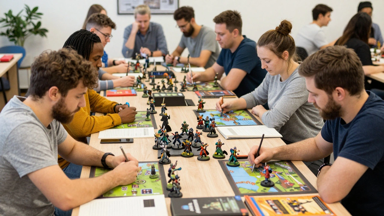 Группа игроков в Warhammer 40K общается и обсуждает тактики в клубе