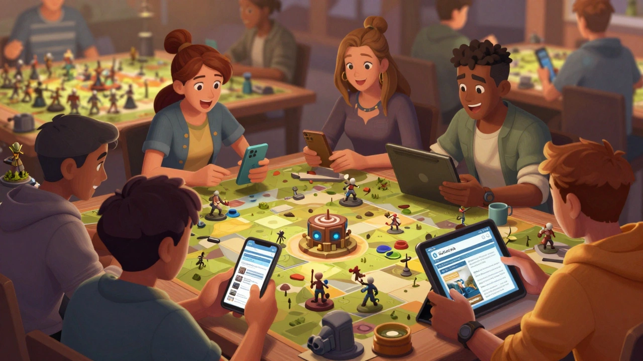 Группа игроков в Warhammer 40K обсуждает новости из рассылки за игровым столом