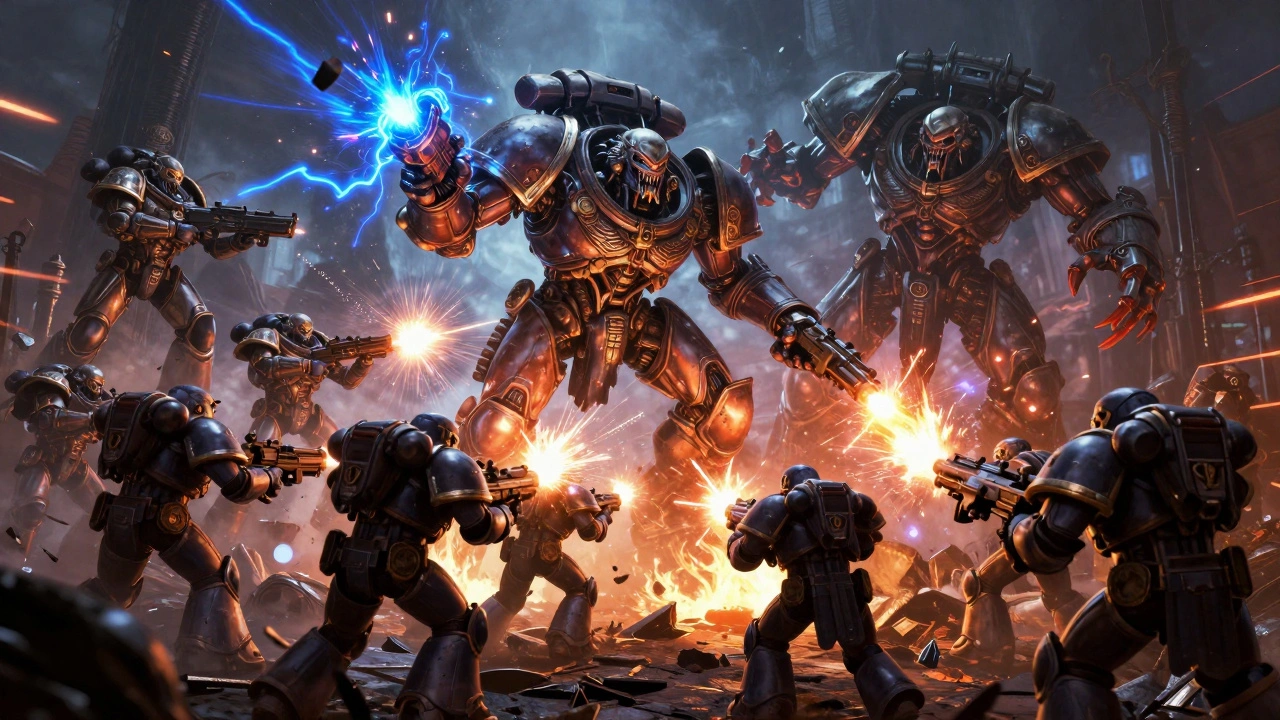 Группа космодесантников сражается с огромным Тираном Улья и Ликтором