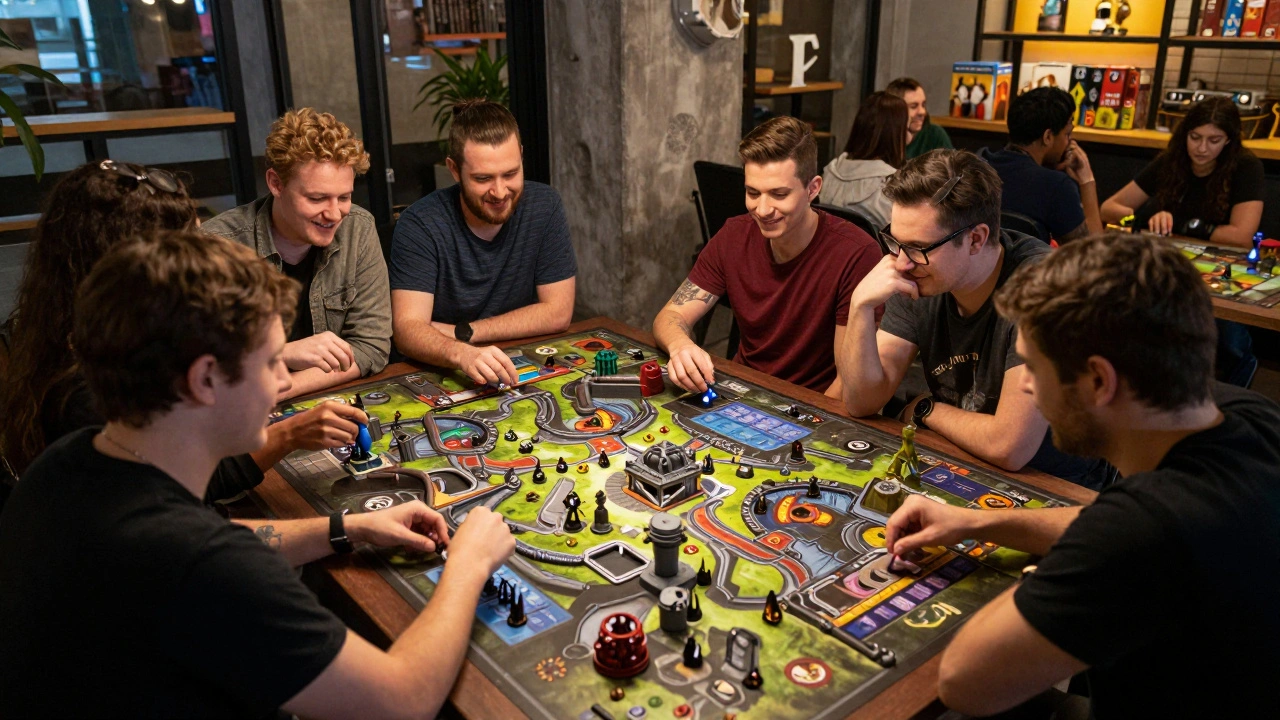 Группа людей играет в варгейм за большим столом в игровом клубе