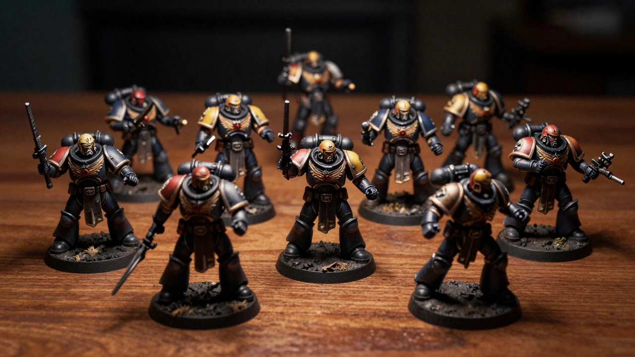 Группа собранных миниатюр в разных динамических позах на столе