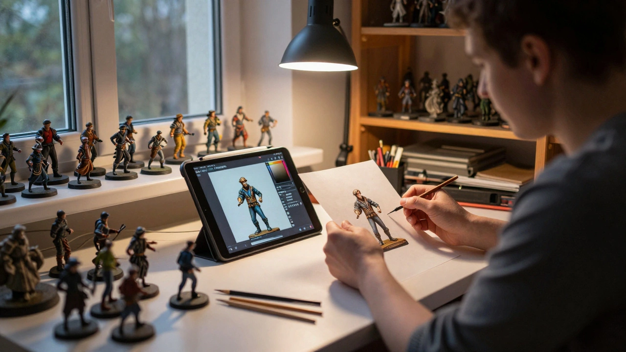 Хоббист сравнивает свою старую и новую работу по покрасу миниатюр за столом