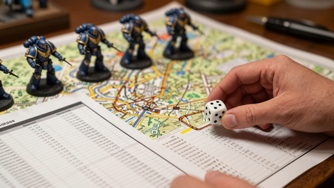 Игровой кубик и даташиты рядом с миниатюрами космодесанта