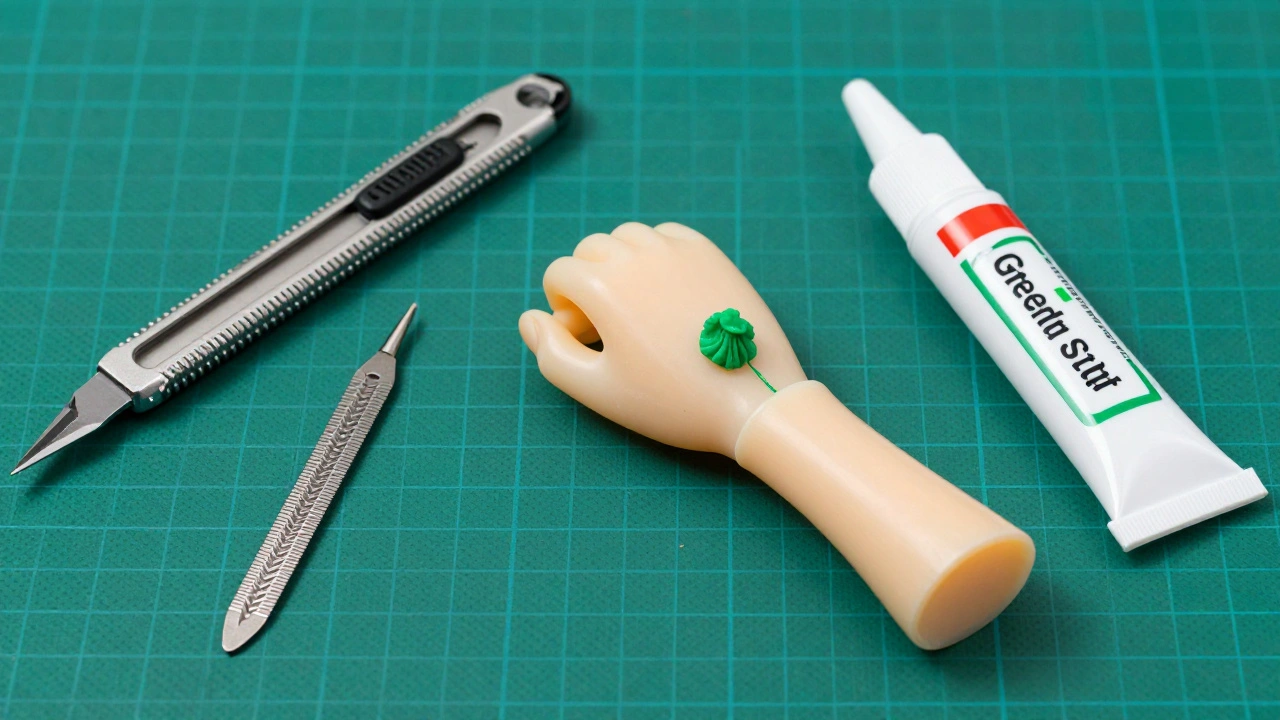 Инструменты для моделирования: хобби-нож, клей и зеленая скульптурная масса