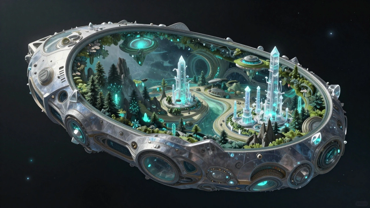 Интерьер мира-корабля с биолюминесцентными лесами и кристаллическими зданиями