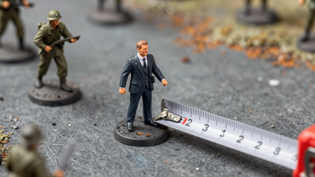 Измерение расстояния рулеткой между двумя миниатюрами на детализированном столе