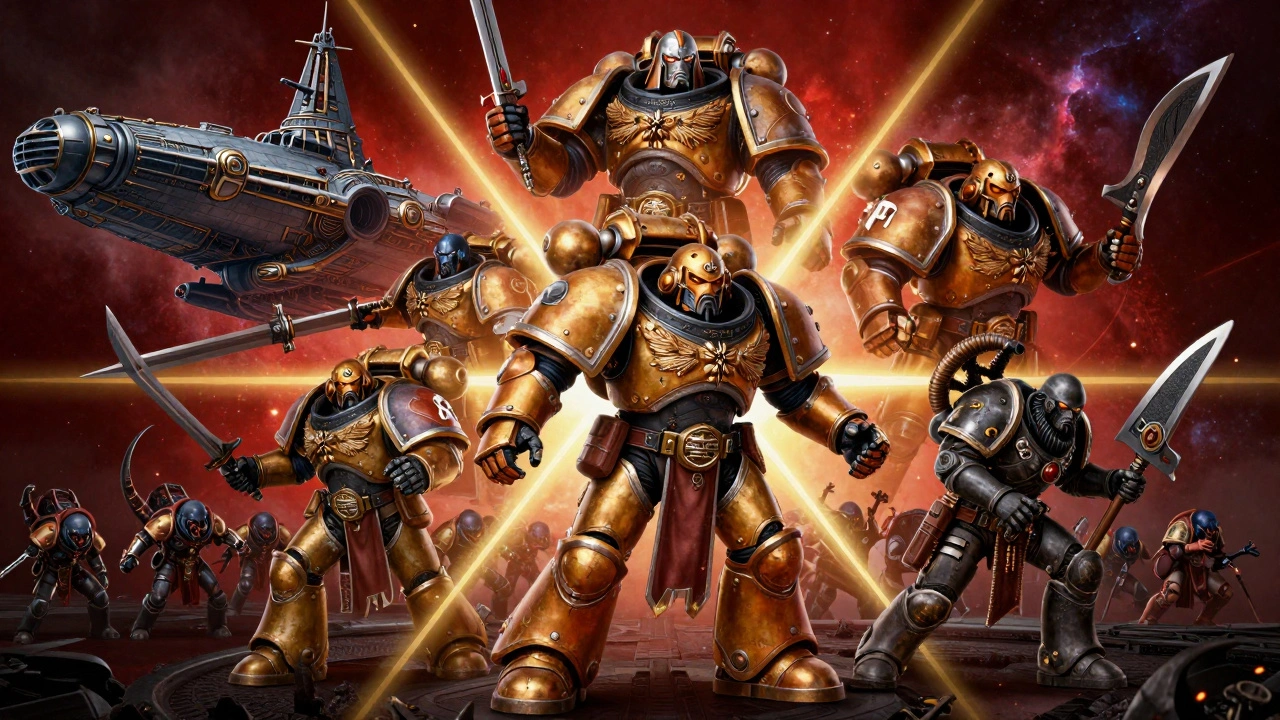 Коллаж из персонажей Space Marine 2 и Rogue Trader в эпическом стиле