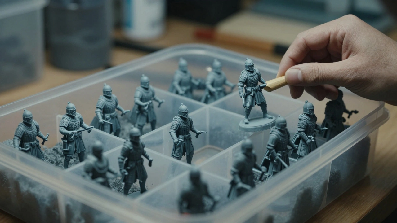 Коллекция серых миниатюр в пластиковом контейнере с поролоновыми разделителями