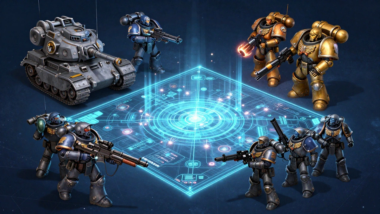 Концепт-арт синергии различных фракций Warhammer 40K вокруг тактической карты