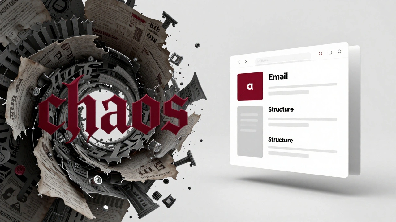 Концептуальное изображение превращения хаоса информации в структурированный дизайн рассылки