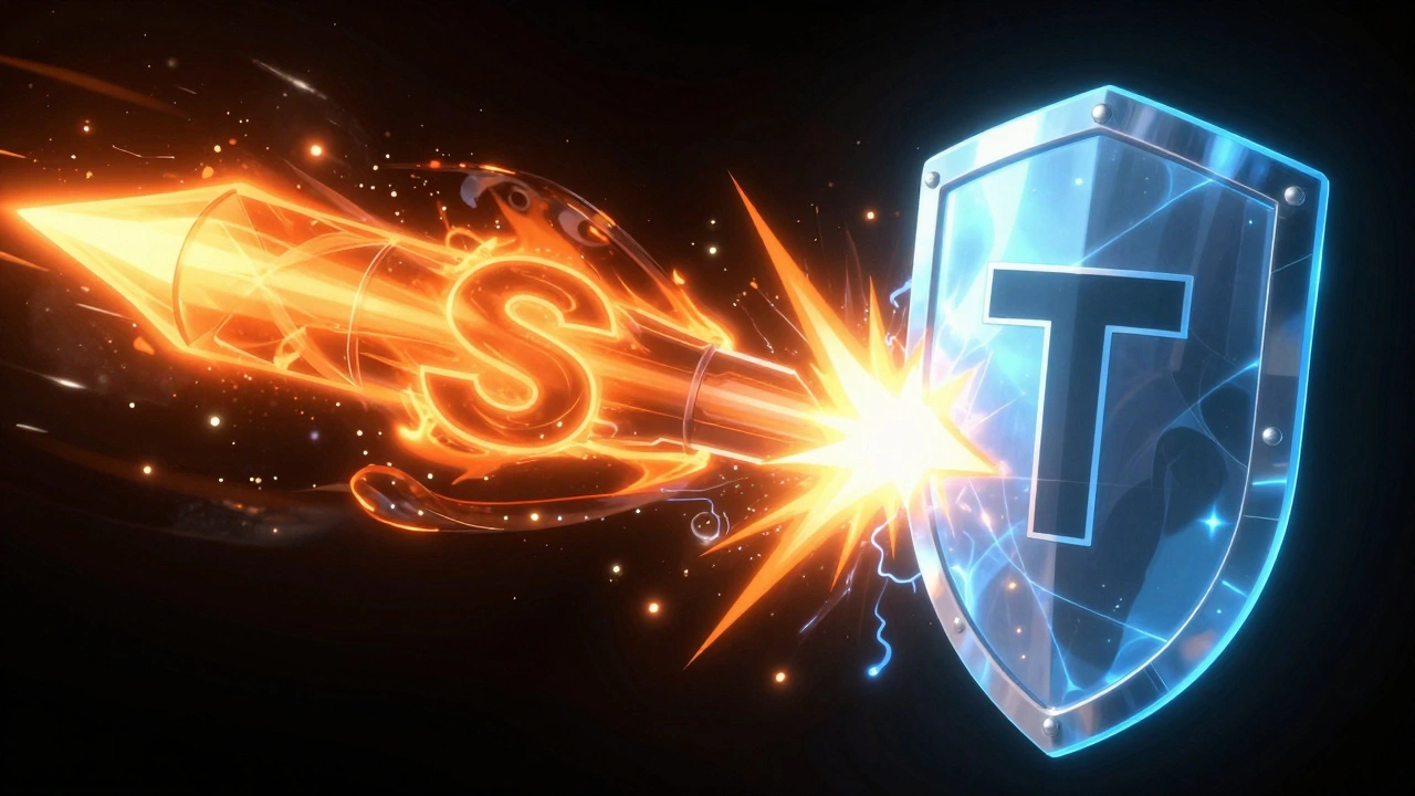 Концептуальное изображение столкновения мощного снаряда и защитного энергетического щита