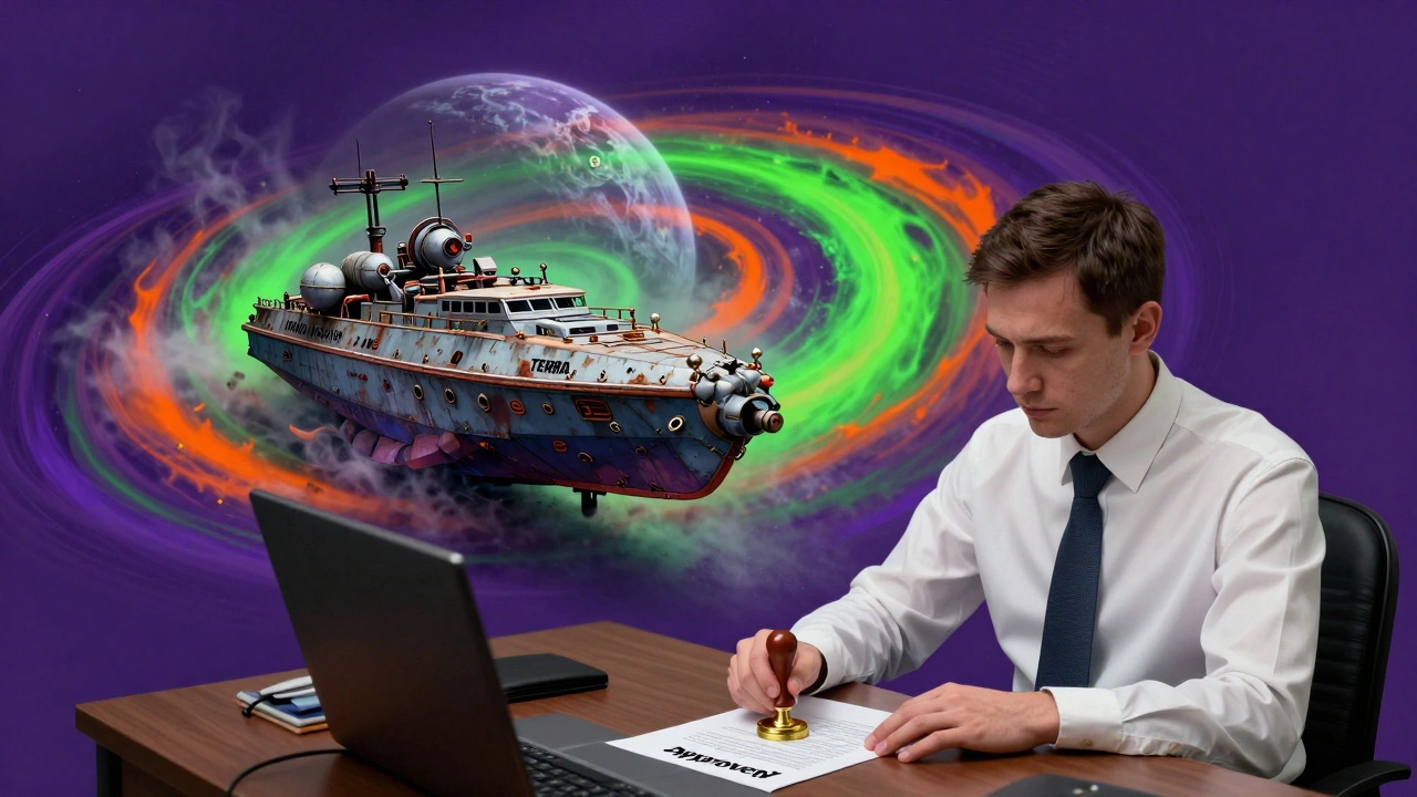 Корабль-посланник в бурлящем Варпе на фоне исчезающей планеты и равнодушного клерка