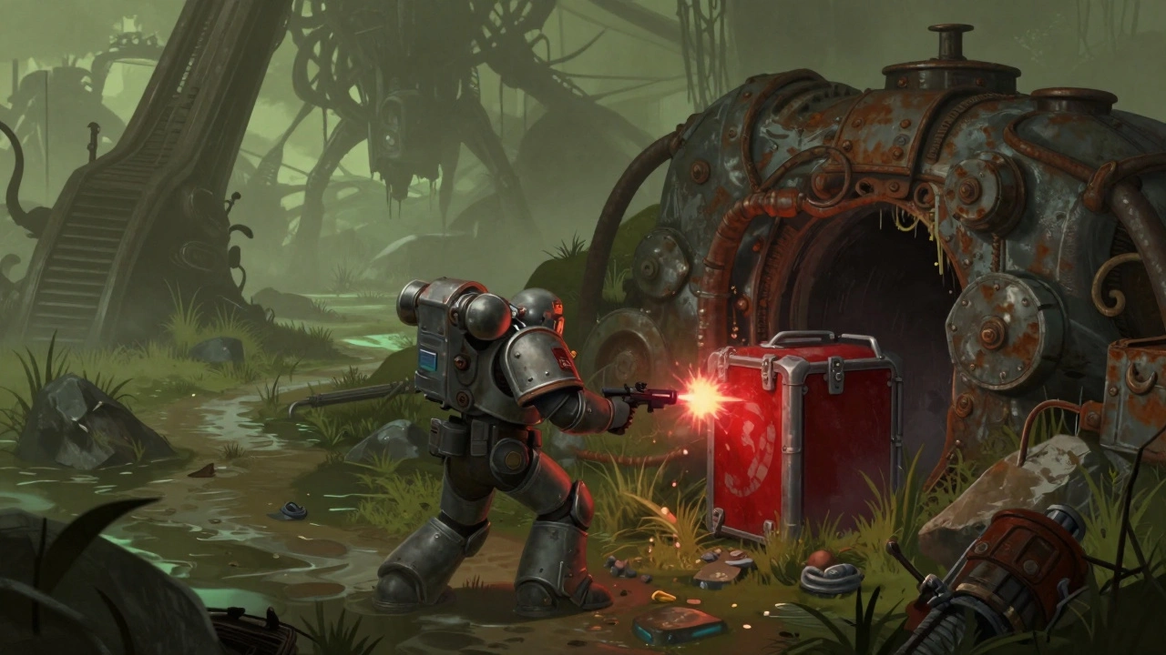 Космодесантник открывает секретный проход, стреляя по красному контейнеру на болотах