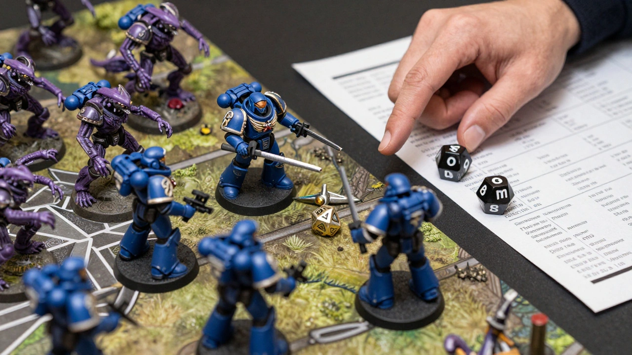 Крупный план миниатюр Космического Десанта и Тиранидов на игровом столе с кубиками