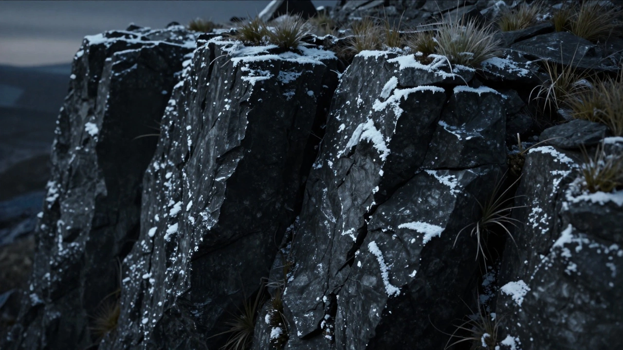 Крупный план скал с эффектом сухой кисти и редкой травой в трещинах