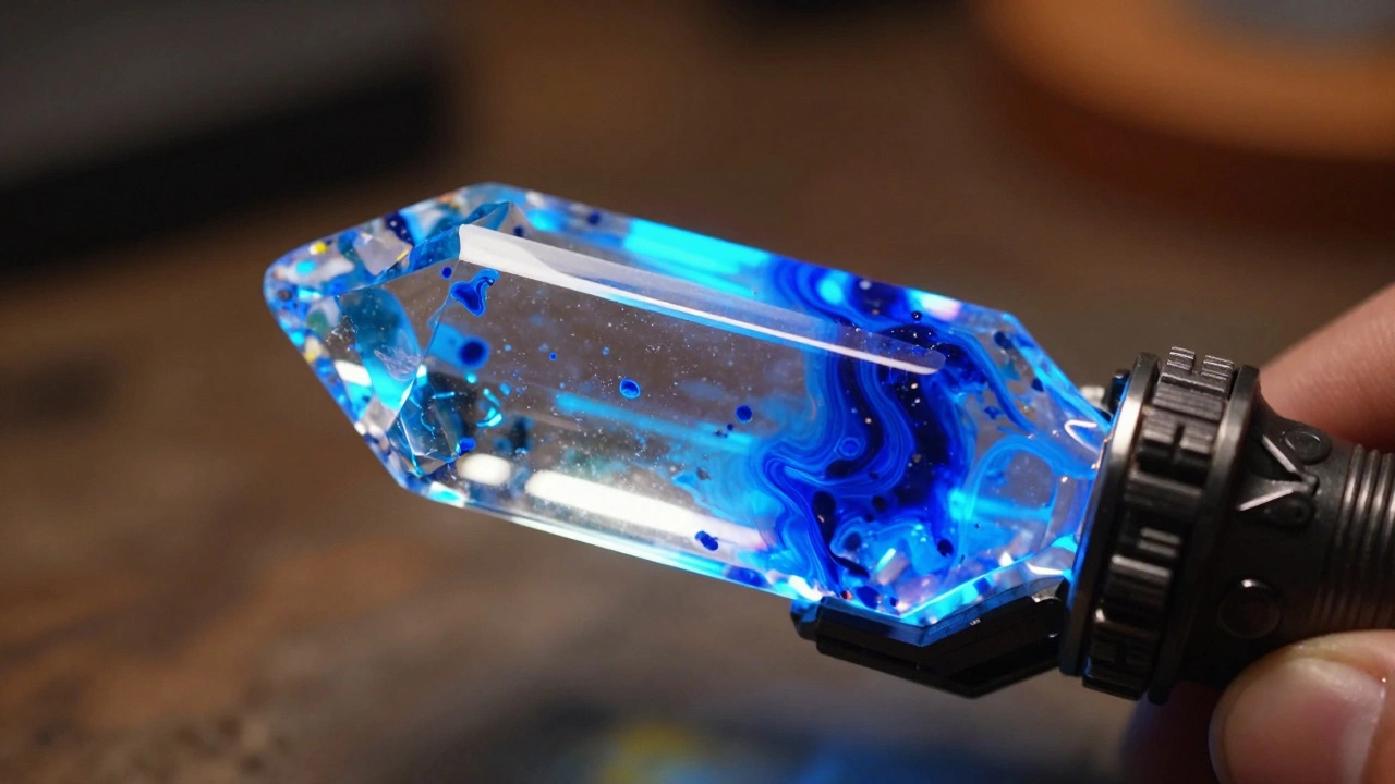 Крупный план светящегося синего кристалла на миниатюрном оружие