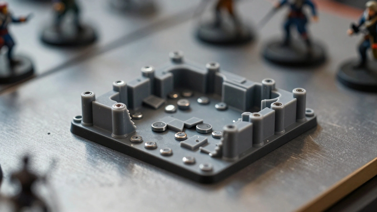 Магнитные крепления на основании модульного террейна из ПВХ-пластика на металлическом столе