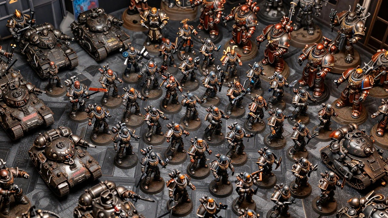 Масштабная покрашенная армия Warhammer 40K с танками и пехотой на столе