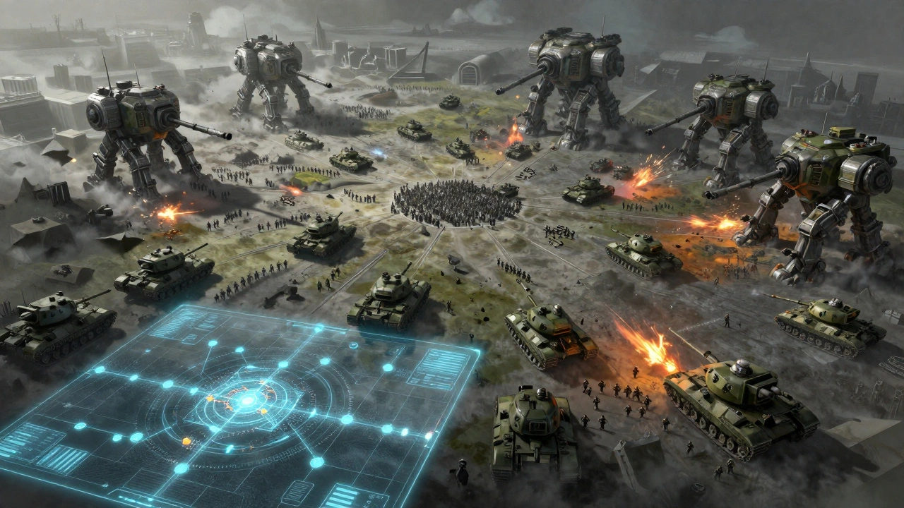 Масштабное сражение армий на пустынной планете с видом сверху