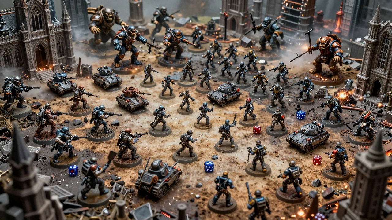 Масштабное сражение миниатюрных армий на столе с руинами и кубиками