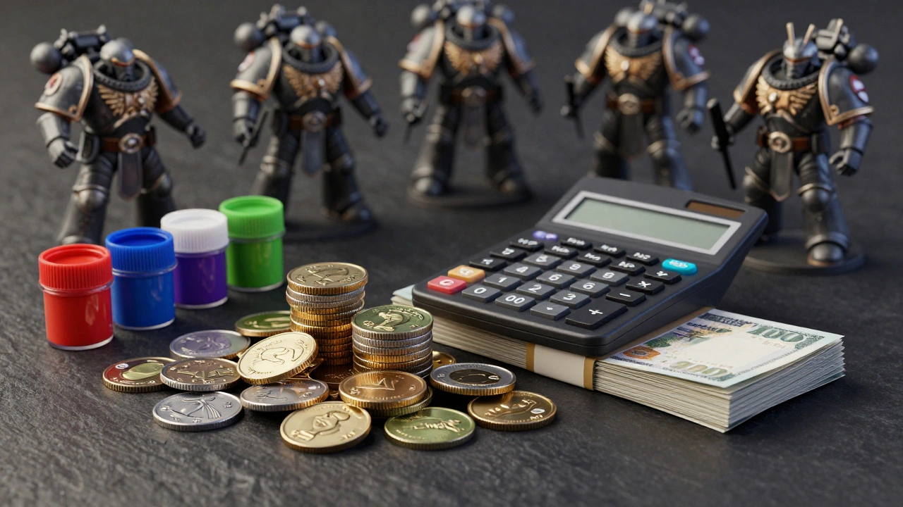 Метафора бюджета турнира: калькулятор, деньги и миниатюры на темном фоне