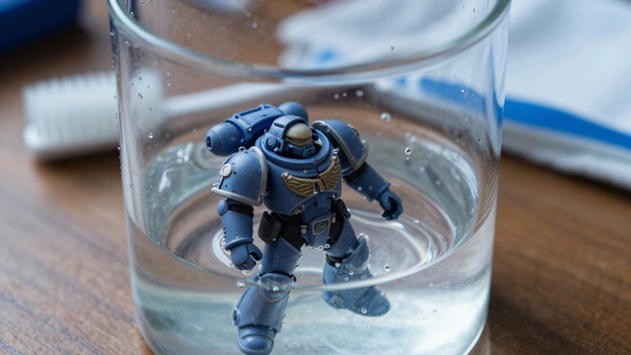 Миниатюра Warhammer 40K, погруженная в емкость с растворителем для смывки краски