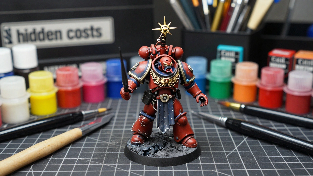 Миниатюра Warhammer в окружении красок, кистей и инструментов для моделирования