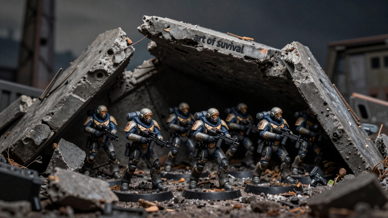Миниатюры футуристических солдат, использующие руины здания как укрытие во время боя.
