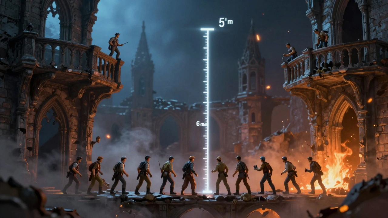 Миниатюры на разных уровнях руин с указанием вертикального лимита когезии