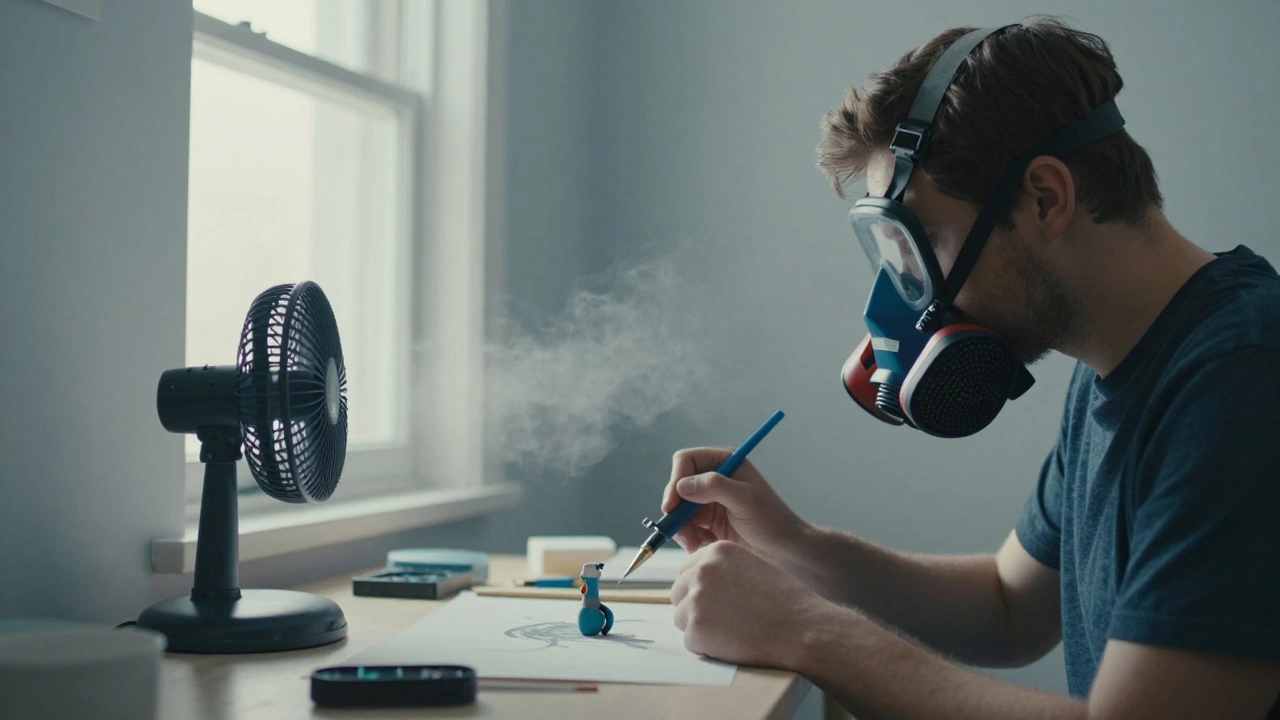 Моделист в респираторе использует аэрограф рядом с вентилятором и открытым окном