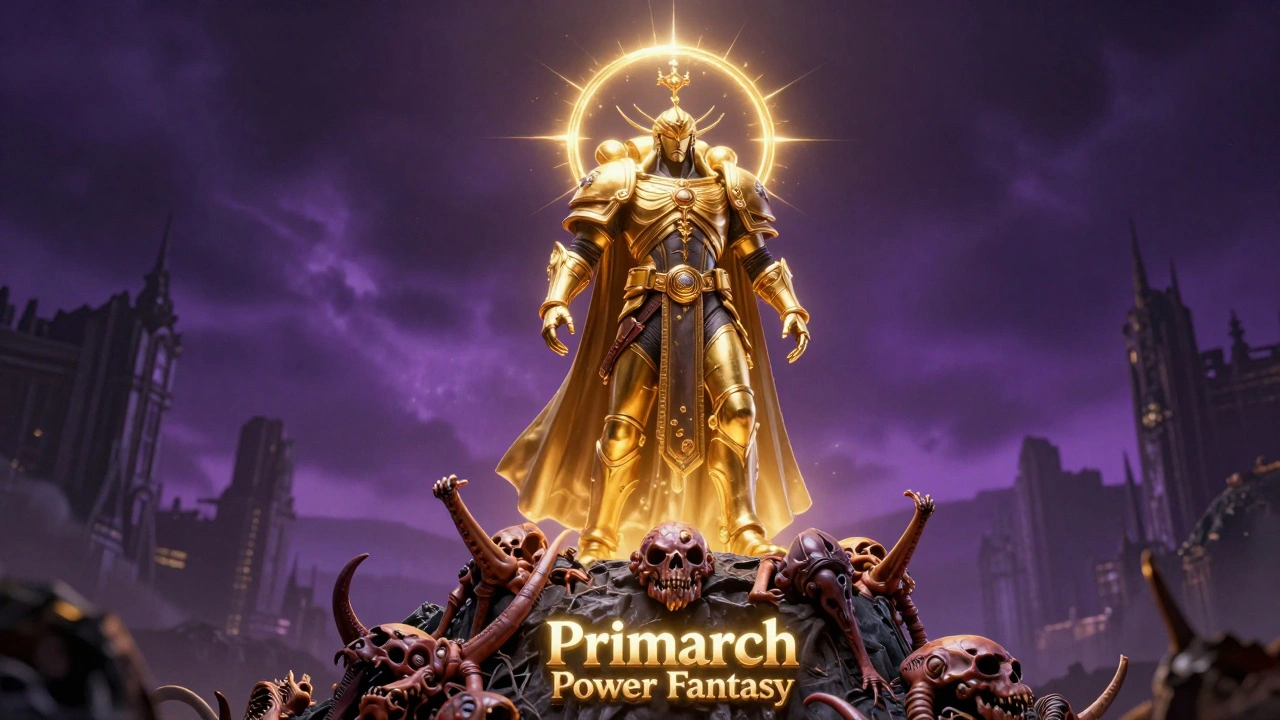 Могущественный космодесантник в золотом сиянии на горе из поверженных врагов