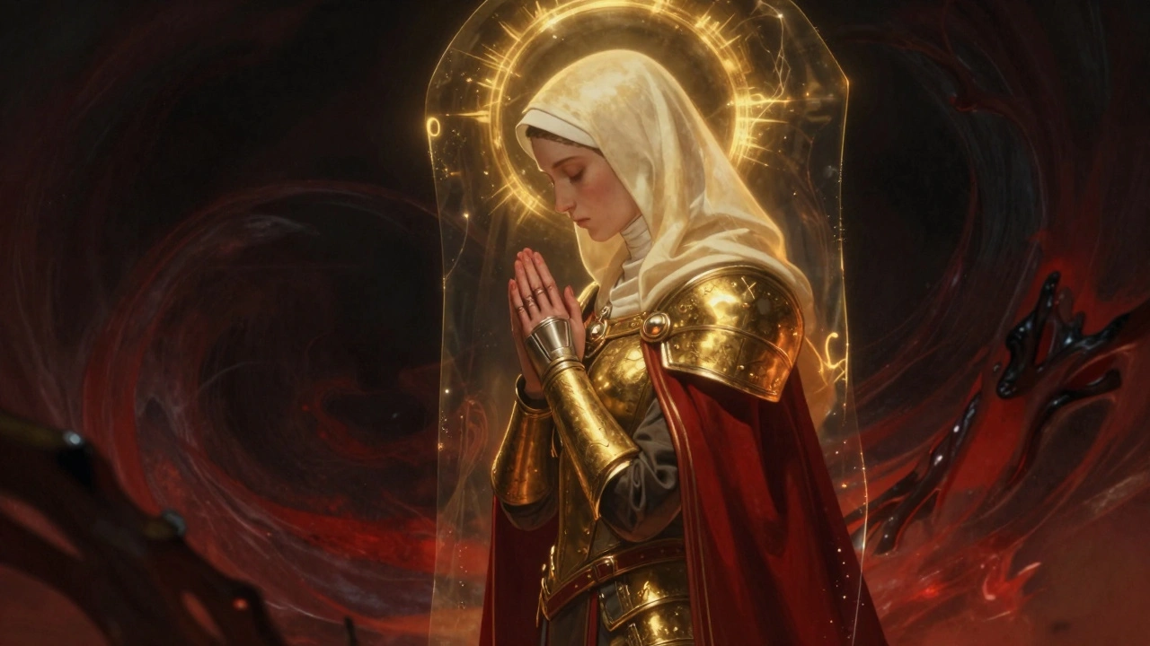 Молящаяся Сестра Битвы под защитой золотого барьера веры