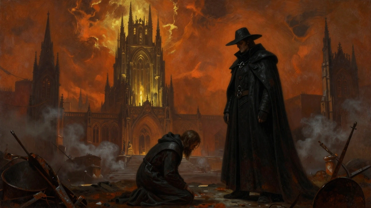 Мрачный готический город Империума с Инквизитором на переднем плане
