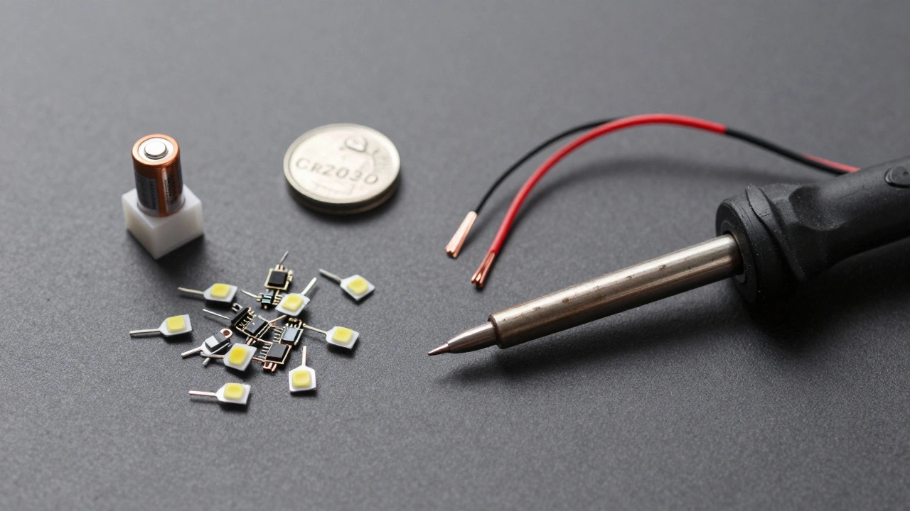Набор электроники для моделирования: светодиоды, батарейка-таблетка и паяльник