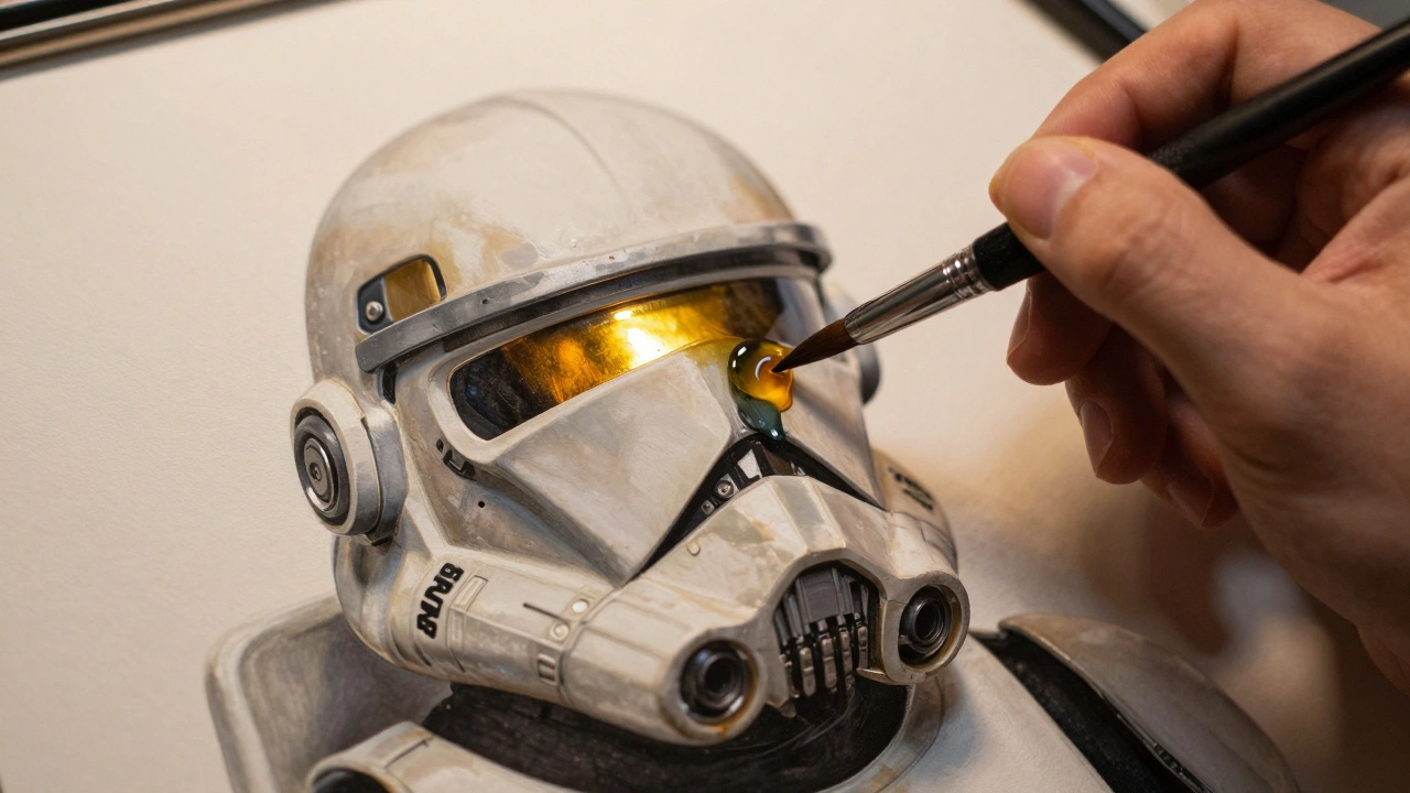 Нанесение глянцевого лака на линзу шлема миниатюры тонкой кистью