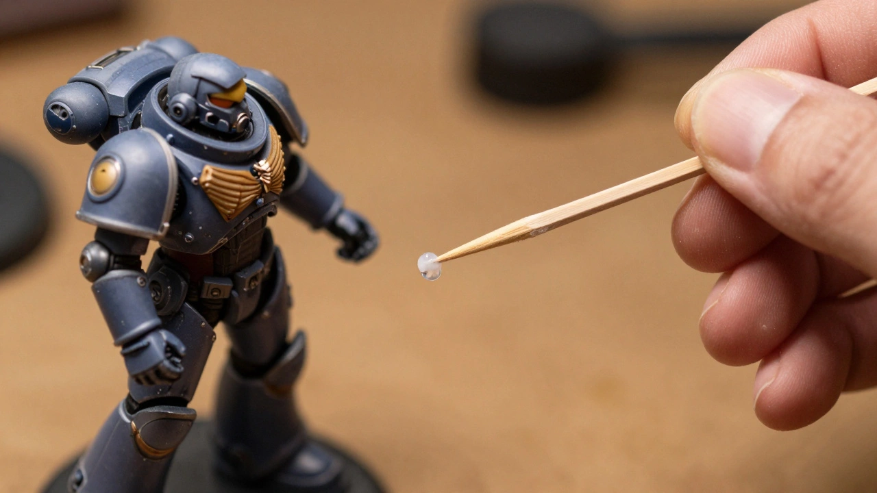 Нанесение капли клея на детали космодесантника с помощью зубочистки