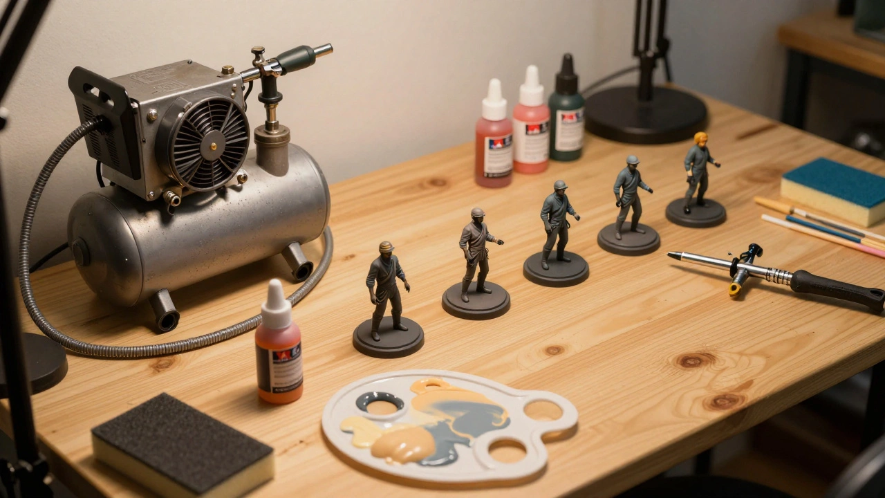 Оборудованное рабочее место с компрессором и красками для хобби