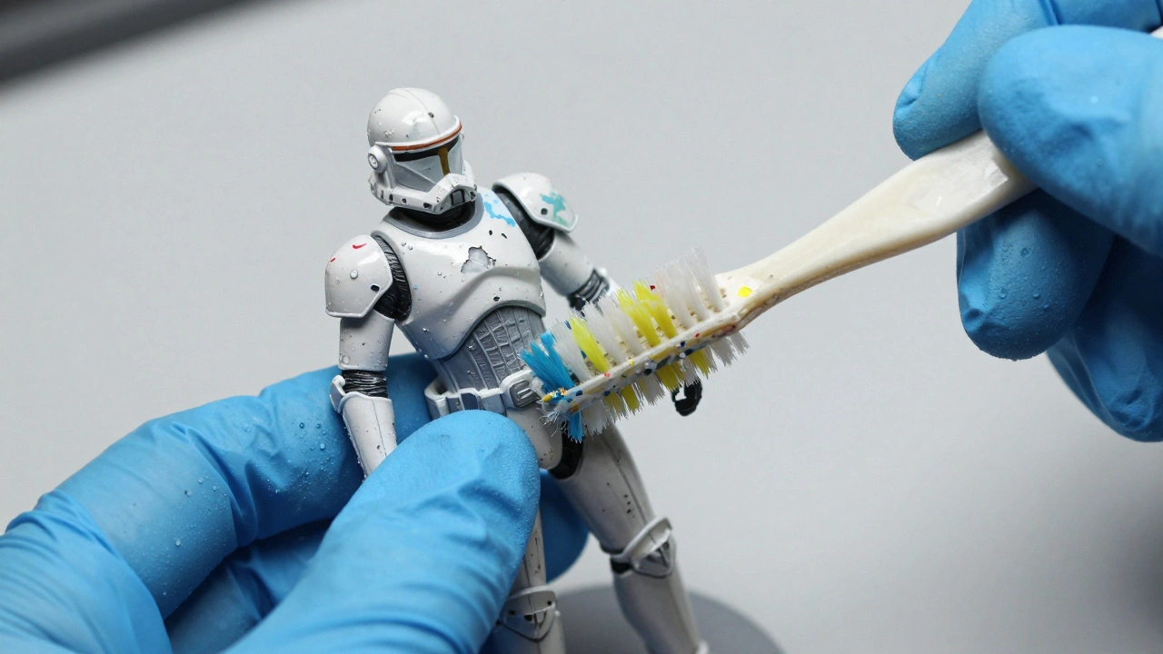 Очистка миниатюры зубной щеткой с использованием защитных перчаток
