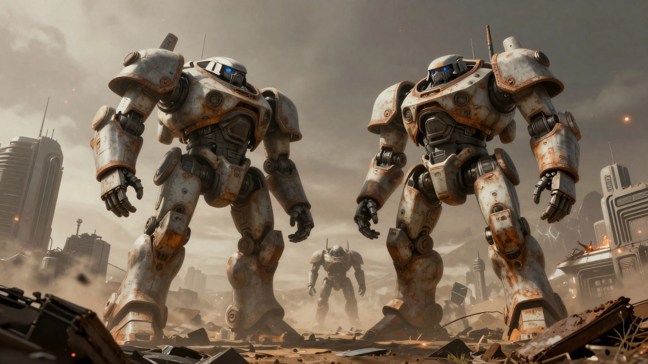 Огромные боевые роботы Imperial Knights среди руин футуристического города