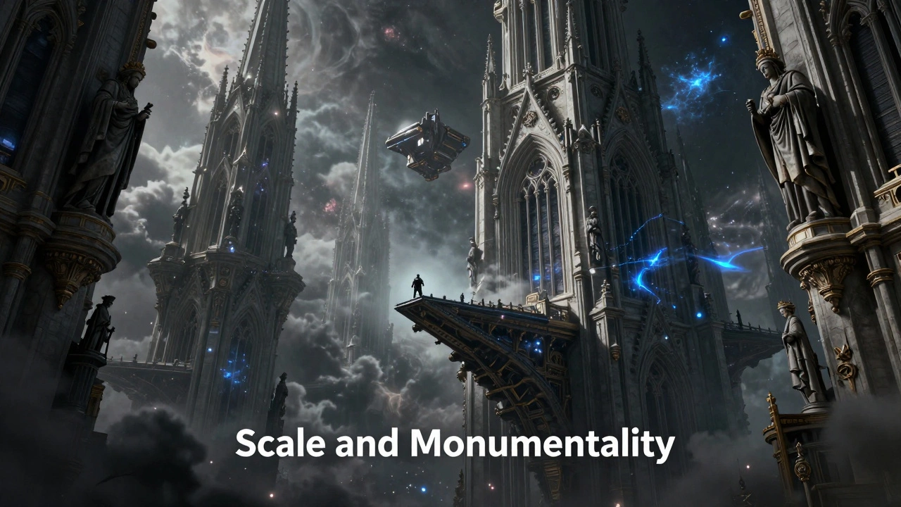 Огромный готический собор в космосе, подчеркивающий монументальность стиля гримдарк