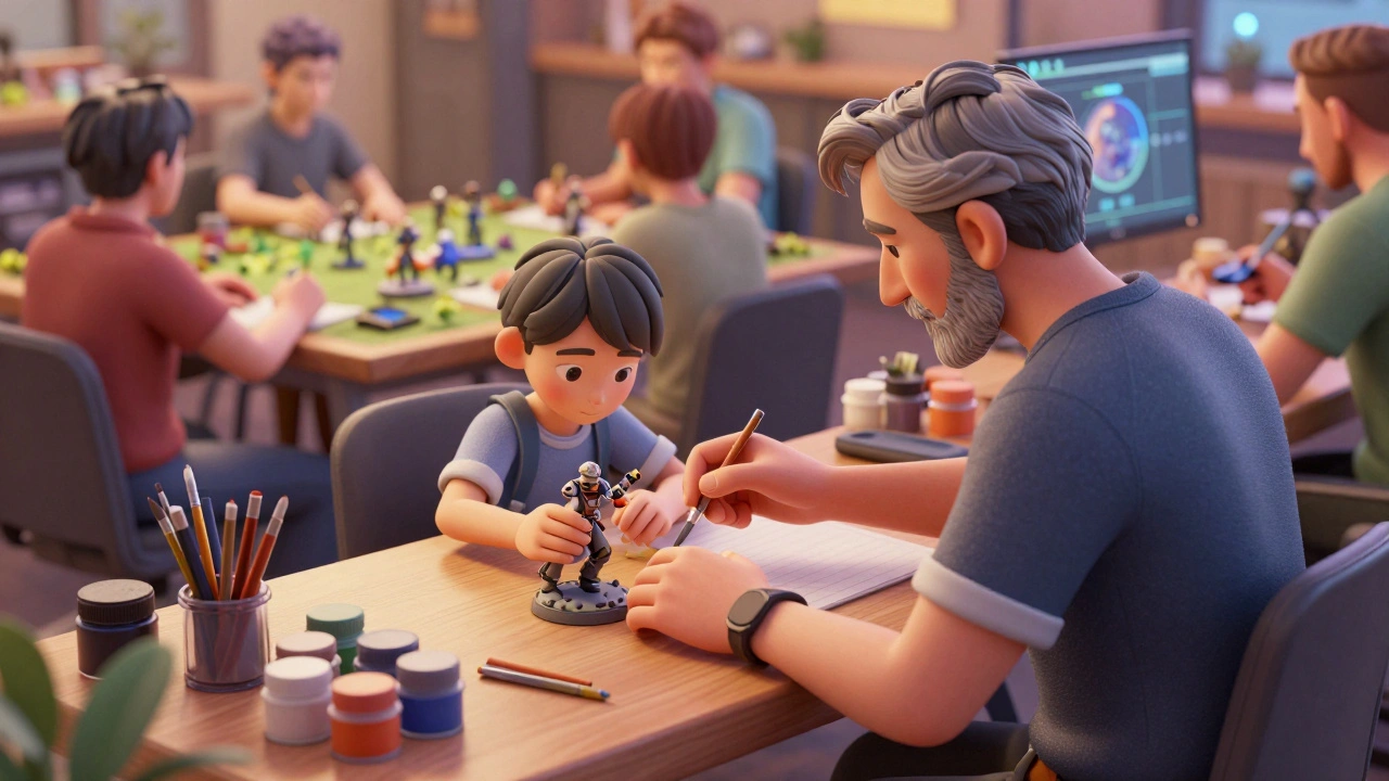 Опытный игрок обучает новичка сборке и покраске миниатюры в клубе