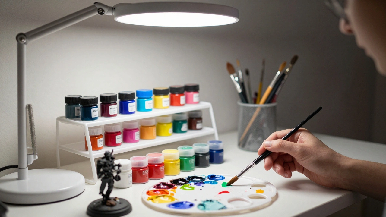 Организованная рабочая зона для покраски миниатюр с яркой лампой и органайзерами для красок.